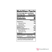 Nutrition facts label for a product with 40 servings per container, serving size 1 tsp (2.5g), and 2 calories per serving.