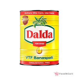 Yellow can of Dalda fortified VTF Banaspati on a white background