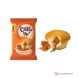 Cake Up caramel snack package with a piece of cake showing caramel filling on a white background.