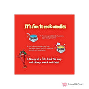 Instructions for cooking noodles on a red background with cartoon elements.