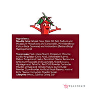 Character illustration with a list of ingredients on a red background, featuring a cartoon-like red chili pepper.