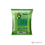 Green package with a character illustration and text on a white background