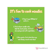 Instructional poster for cooking noodles with cartoon character and step-by-step instructions on a green background.
