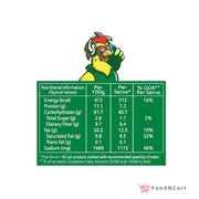 Nutritional information label with a cartoon chicken character on a white background