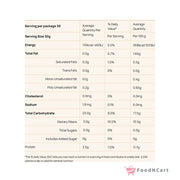 Nutritional information table for a food product with serving size, calories, and nutrient content.